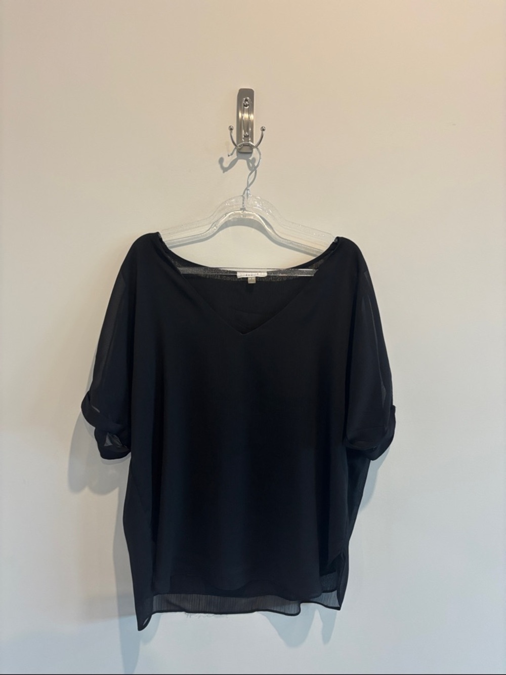 Sioni Black V-Neck Sheer Roll-Sleeve Blouse
